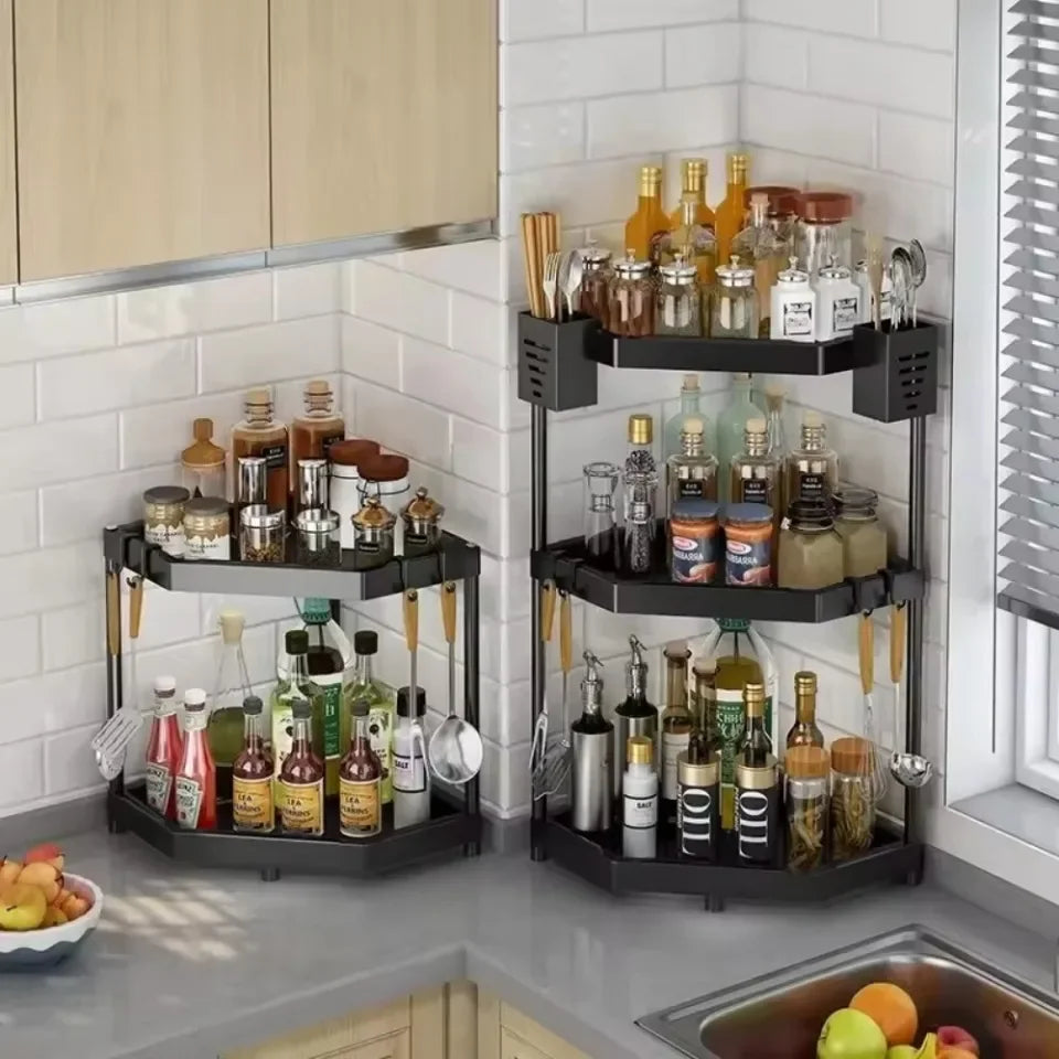 Kitchen Seasoning Shelf – 3 Tier Spice Rack & Chopstick Organiser for Corner Countertops